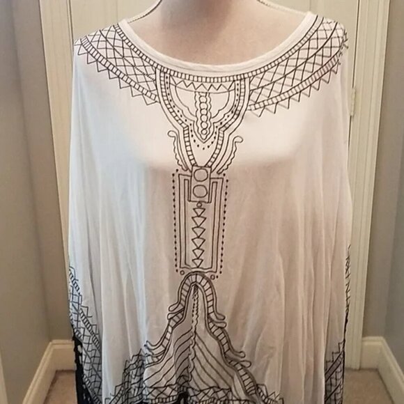 Chico's white black fringe tunic shirt top fringe poncho EUC - Picture 2 of 8